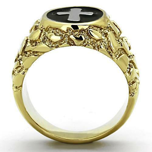 Jewellery Kingdom Nugget Signet Pinky Black Steel No Tarnish Mens Cross Ring (Gold) - Rings - British D'sire