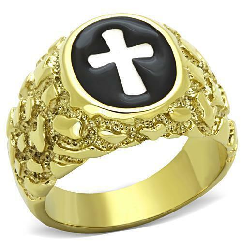 Jewellery Kingdom Nugget Signet Pinky Black Steel No Tarnish Mens Cross Ring (Gold) - Rings - British D'sire Main image
