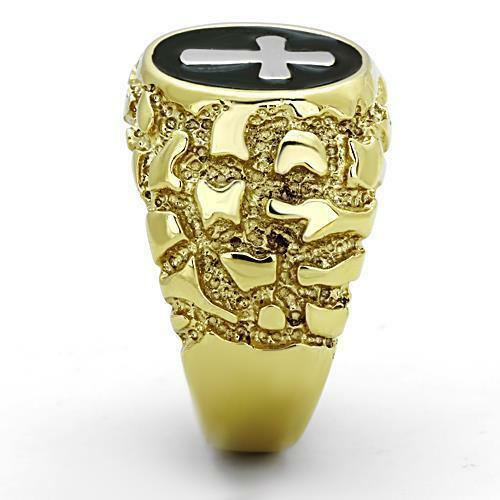 Jewellery Kingdom Nugget Signet Pinky Black Steel No Tarnish Mens Cross Ring (Gold) - Rings - British D'sire