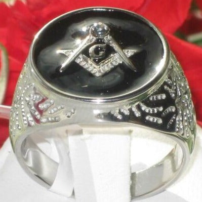 Jewellery Kingdom Onyx Stainless Steel Silver Black Signet Pinky Masonic Diamond Ring - Jewelry Rings - British D'sire
