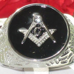 Jewellery Kingdom Onyx Stainless Steel Silver Black Signet Pinky Masonic Diamond Ring - Jewelry Rings - British D'sire