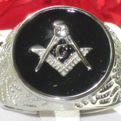 Jewellery Kingdom Onyx Stainless Steel Silver Black Signet Pinky Masonic Diamond Ring - Jewelry Rings - British D'sire