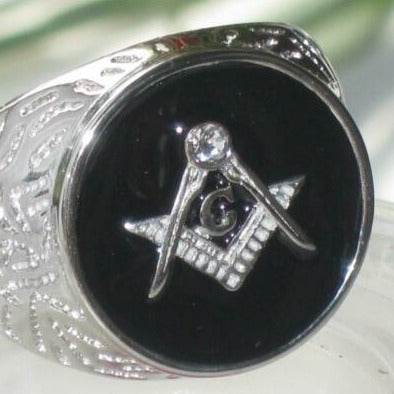 Jewellery Kingdom Onyx Stainless Steel Silver Black Signet Pinky Masonic Diamond Ring - Jewelry Rings - British D'sire