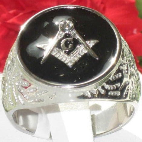 Jewellery Kingdom Onyx Stainless Steel Silver Black Signet Pinky Masonic Diamond Ring - Jewelry Rings - British D'sire Main image