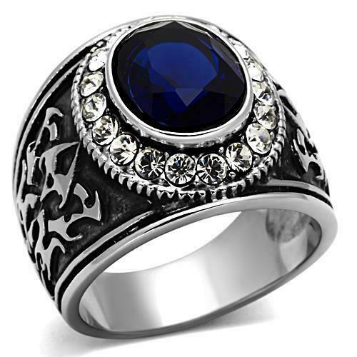 Jewellery Kingdom Oval Blue Stainless Steel Cubic Zirconia Signet Pinky Mens Sapphire Ring - Jewelry Rings - British D'sire Main image