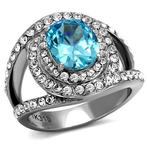 Jewellery Kingdom Oval Blue Topaz Cz 3 Carat Stainless Steel Pave Ring (Silver) - Jewelry Rings - British D'sire Main image