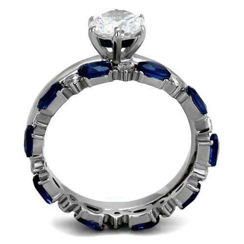 Jewellery Kingdom Oval Blue Wedding Engagement Set Band Sapphire Solitaire Ring (Silver) - Engagement Rings - British D'sire