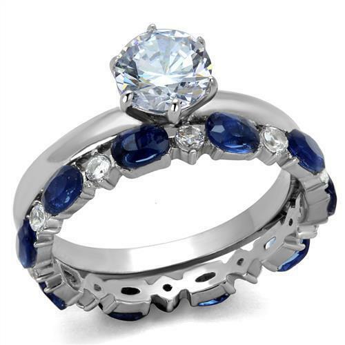 Jewellery Kingdom Oval Blue Wedding Engagement Set Band Sapphire Solitaire Ring (Silver) - Engagement Rings - British D'sire