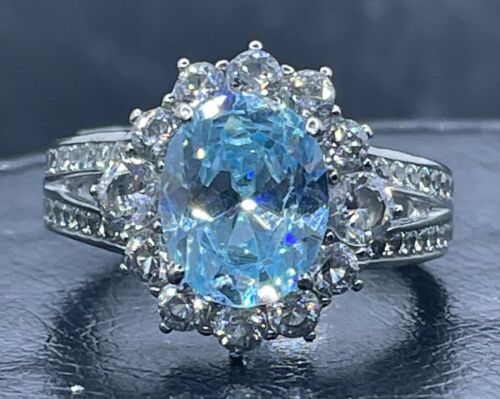 Jewellery Kingdom Oval Cluster CZ Stainless Steel Dress Sparkle Ladies Blue Topaz Ring - Jewelry Rings - British D'sire
