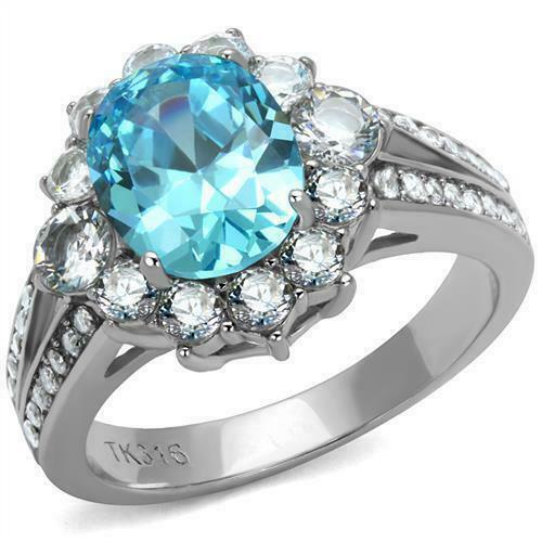 Jewellery Kingdom Oval Cluster CZ Stainless Steel Dress Sparkle Ladies Blue Topaz Ring - Jewelry Rings - British D'sire Main image