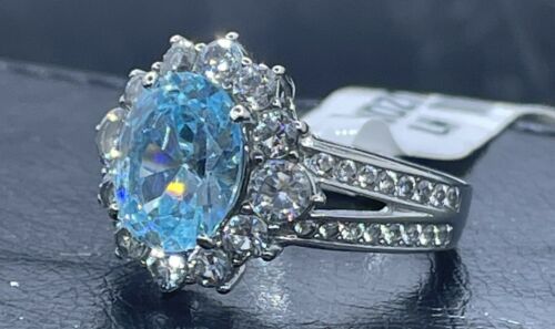 Jewellery Kingdom Oval Cluster CZ Stainless Steel Dress Sparkle Ladies Blue Topaz Ring - Jewelry Rings - British D'sire
