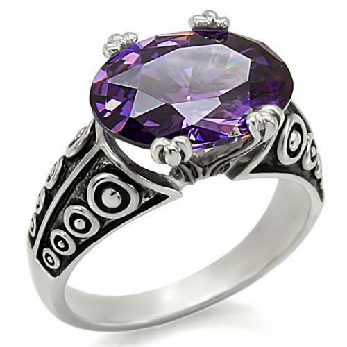 Jewellery Kingdom Oval Cubic Zirconia Purple Stainless Steel Antiqued Ladies Amethyst Ring - Jewelry Rings - British D'sire Main image