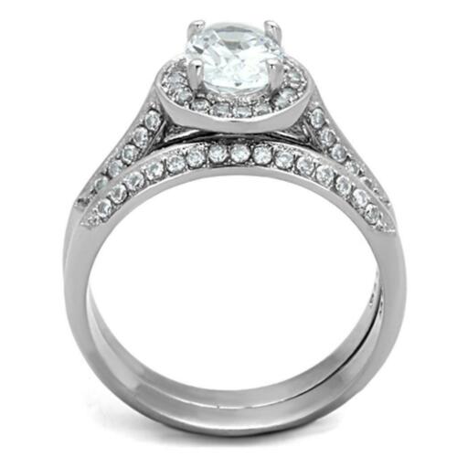 Jewellery Kingdom Oval Cubic Zirconia Stainless Steel Sparkling Engagement Wedding Ring Set Band (Silver) - Engagement Rings - British D'sire