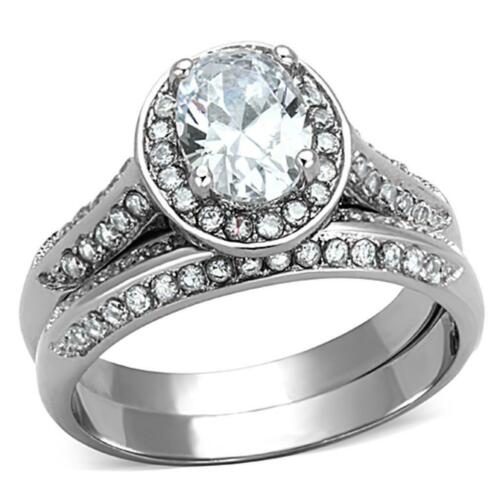 Jewellery Kingdom Oval Cubic Zirconia Stainless Steel Sparkling Engagement Wedding Ring Set Band (Silver) - Engagement Rings - British D'sire