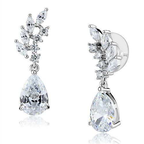Jewellery Kingdom Pear Dangling Cubic Zirconia Drop Dress Cubic Zirconia Rhodium Sparkle Earrings (Silver) - Earrings - British D'sire