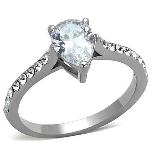 Jewellery Kingdom Pear Ladies Engagement Solitaire Accents Cubic Zirconia Steel Ring (Silver) - Jewelry Rings - British D'sire