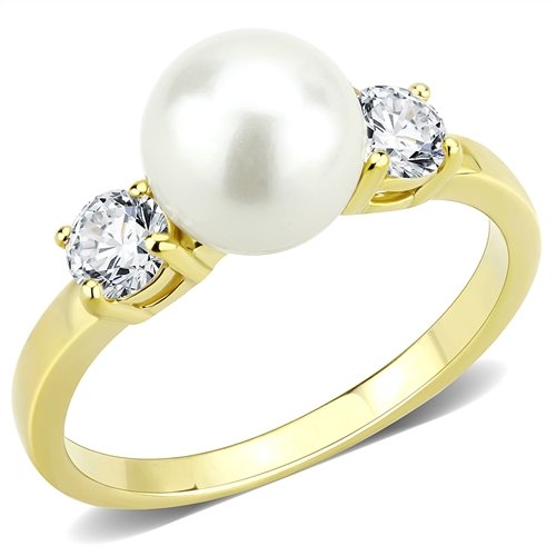 Jewellery Kingdom Pearl Three Stone Cubic Zirconia Steel Ladies All Sizes Ring (Gold) - Jewelry Rings - British D'sire Main image