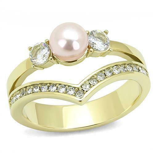 Jewellery Kingdom Pearl Three Stone Pink Wishbone Cubic Zirconia Steel Ladies Ring (Gold) - Jewelry Rings - British D'sire Main image
