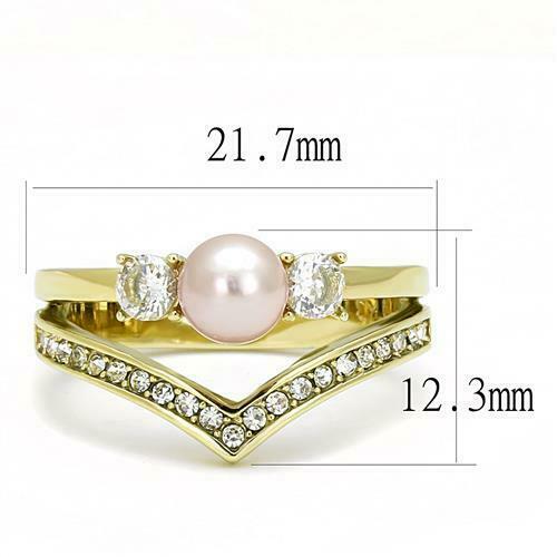 Jewellery Kingdom Pearl Three Stone Pink Wishbone Cubic Zirconia Steel Ladies Ring (Gold) Secondary image