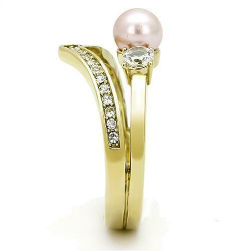 Jewellery Kingdom Pearl Three Stone Pink Wishbone Cubic Zirconia Steel Ladies Ring (Gold) - Jewelry Rings - British D'sire