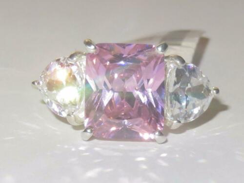 Jewellery Kingdom Pink Emerald Ring Ladies Three Stone Heart Cz Sterling Silver - Jewelry Rings - British D'sire Main image