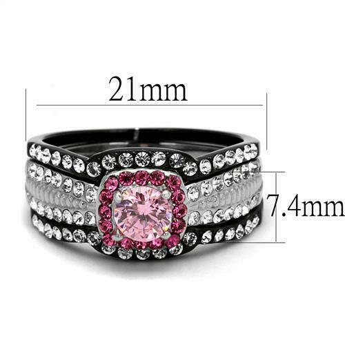 Jewellery Kingdom Pink Sapphire Black Stainless Steel Cubic Zirconia Wedding Engagement Ladies Ring Set Secondary image
