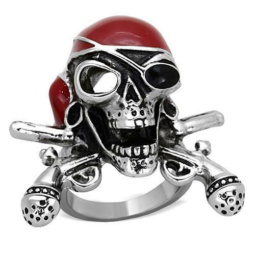 Jewellery Kingdom Pirate Biker Goth Stainless Steel Enamel Goth Mens Skull Ring (Silver & Red) - Rings - British D'sire Main image
