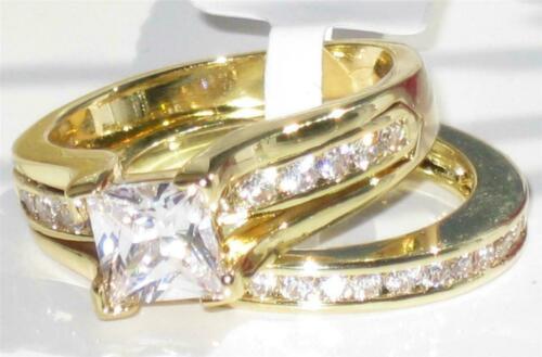 Jewellery Kingdom Princess 18KT Steel Wedding Band Engagement Cubic Zirconia 2pcs Ladies Ring set (Gold) - Jewelry Rings - British D'sire