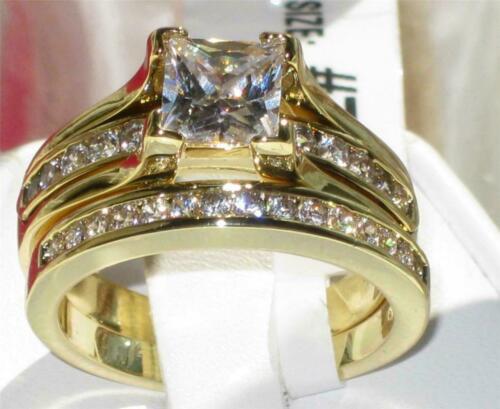 Jewellery Kingdom Princess 18KT Steel Wedding Band Engagement Cubic Zirconia 2pcs Ladies Ring set (Gold) - Jewelry Rings - British D'sire