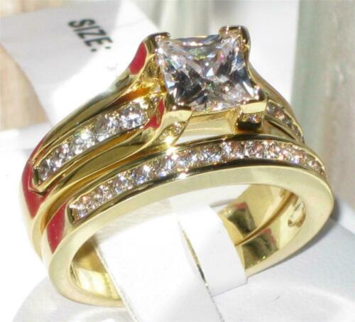 Jewellery Kingdom Princess 18KT Steel Wedding Band Engagement Cubic Zirconia 2pcs Ladies Ring set (Gold) - Jewelry Rings - British D'sire