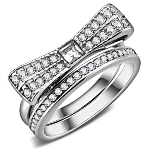 Jewellery Kingdom Princess Bow Engagement Wedding Band Stainless Steel Ring Set (Silver) - Jewelry Rings - British D'sire Main image