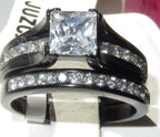 Jewellery Kingdom Princess Cut Cubic Zirconia Engagement Wedding Band Steel Ladies Ring Set (Black) - Engagement Rings - British D'sire