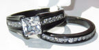 Jewellery Kingdom Princess Cut Cubic Zirconia Engagement Wedding Band Steel Ladies Ring Set (Black) - Engagement Rings - British D'sire