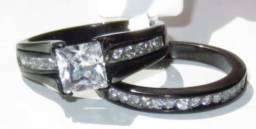 Jewellery Kingdom Princess Cut Cubic Zirconia Engagement Wedding Band Steel Ladies Ring Set (Black) - Engagement Rings - British D'sire