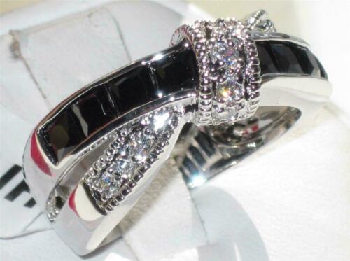 Jewellery Kingdom Princess Cut Jet Simulates CZ Crossover Ladies Stone Ring (Silver & Black) - Jewelry Rings - British D'sire