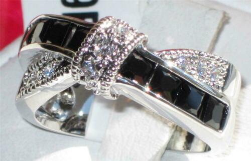 Jewellery Kingdom Princess Cut Jet Simulates CZ Crossover Ladies Stone Ring (Silver & Black) - Jewelry Rings - British D'sire