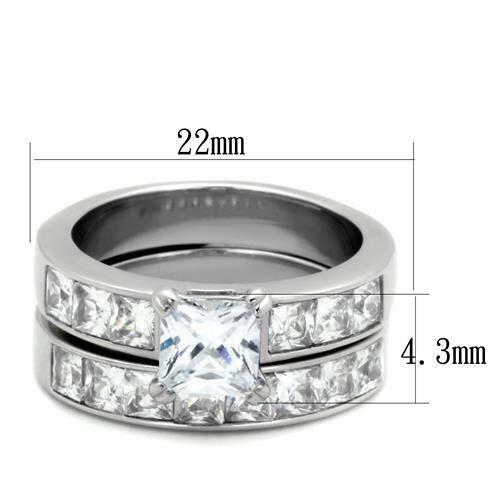 Jewellery Kingdom Princess Cut Square Engagement Wedding Band Stainless Steel Ladies Ring Set - Jewelry Rings - British D'sire