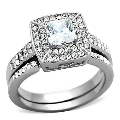 Jewellery Kingdom Princess Cut Wedding Band Stainless Steel CZ Silver Engagement Ring Set - Jewelry Rings - British D'sire Main image