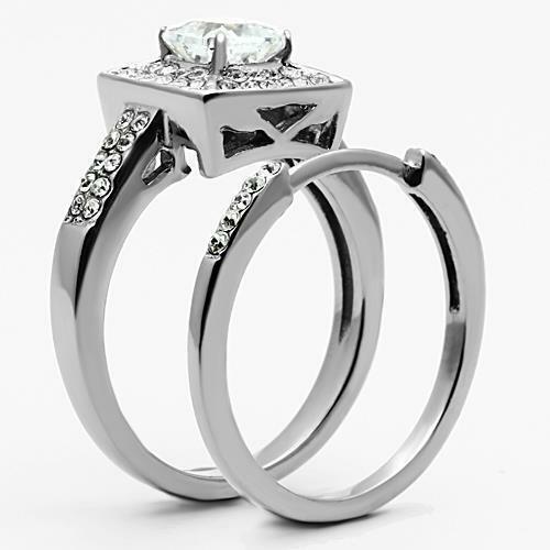 Jewellery Kingdom Princess Cut Wedding Band Stainless Steel CZ Silver Engagement Ring Set - Jewelry Rings - British D'sire