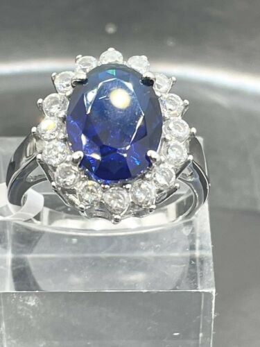 Jewellery Kingdom Princess Diana Oval Dress Middleton Cubic Zirconia Sapphire Ring (Silver& Blue) - Rings - British D'sire