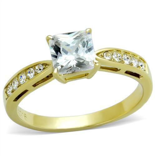 Jewellery Kingdom Princess Ladies Engagement Simulated Diamond Accents Steel Ring (Gold) - Jewelry Rings - British D'sire Main image