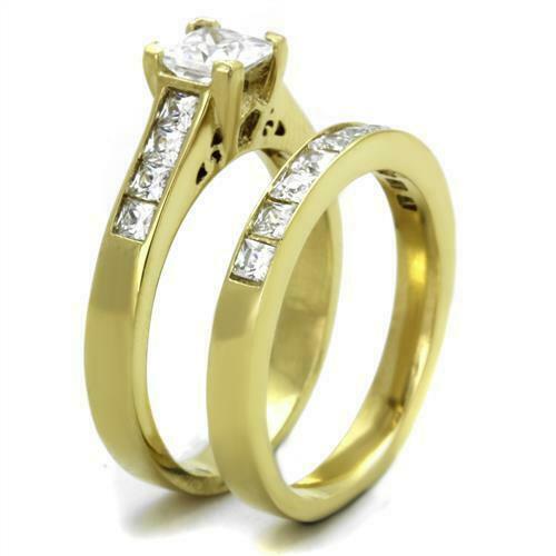 Jewellery Kingdom Princess Square 2Pcs Cubic Zirconia Set Wedding Band Bridal Engagement Rring (Gold) - Jewelry Rings - British D'sire