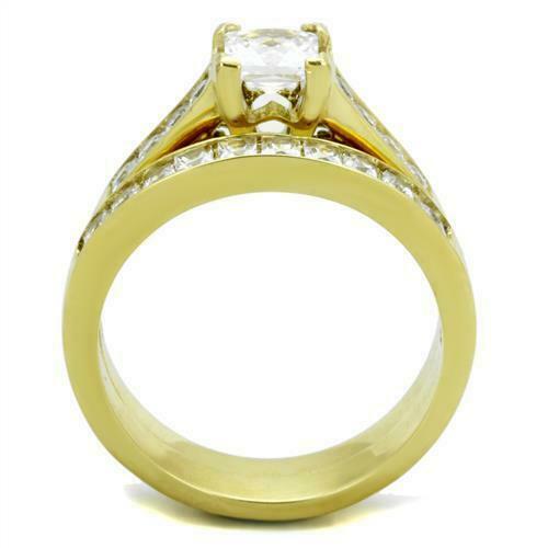 Jewellery Kingdom Princess Square 2Pcs Cubic Zirconia Set Wedding Band Bridal Engagement Rring (Gold) - Jewelry Rings - British D'sire