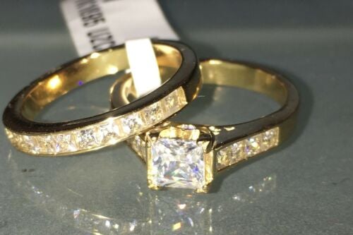 Jewellery Kingdom Princess Square 2Pcs Cubic Zirconia Set Wedding Band Bridal Engagement Rring (Gold) - Jewelry Rings - British D'sire