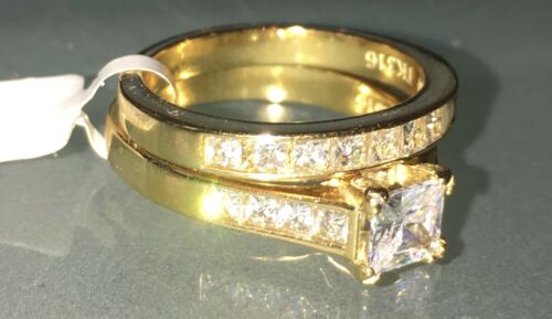 Jewellery Kingdom Princess Square 2Pcs Cubic Zirconia Set Wedding Band Bridal Engagement Rring (Gold) - Jewelry Rings - British D'sire