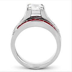 Jewellery Kingdom Princess Stainless Steel Channel Cubic Zirconia Ladies Ring Set (Silver & Red) - Engagement Rings - British D'sire