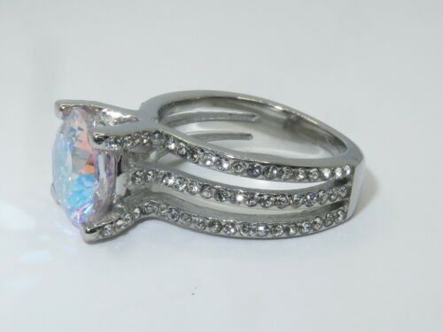 Jewellery Kingdom Rainbow Cubic Zirconia Stainless Steel Silver Solitaire Ladies Aurora Borealis Ring - Jewelry Rings - British D'sire