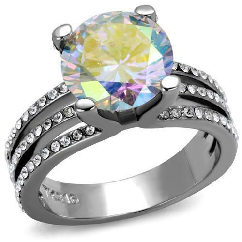 Jewellery Kingdom Rainbow Cubic Zirconia Stainless Steel Silver Solitaire Ladies Aurora Borealis Ring - Jewelry Rings - British D'sire