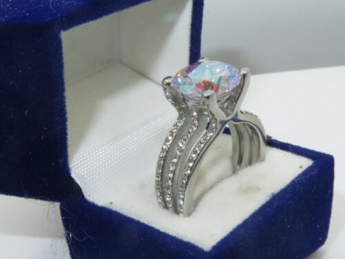 Jewellery Kingdom Rainbow Cubic Zirconia Stainless Steel Silver Solitaire Ladies Aurora Borealis Ring - Jewelry Rings - British D'sire
