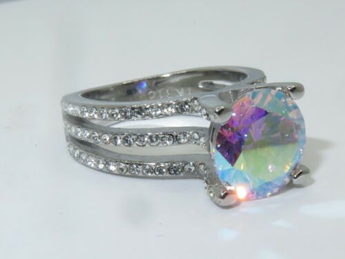Jewellery Kingdom Rainbow Cubic Zirconia Stainless Steel Silver Solitaire Ladies Aurora Borealis Ring - Jewelry Rings - British D'sire